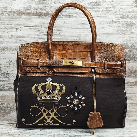 🟧Accessoires De Mademoiselle Cova Leather Croc & Canvas Bag - Picture 5 of 16